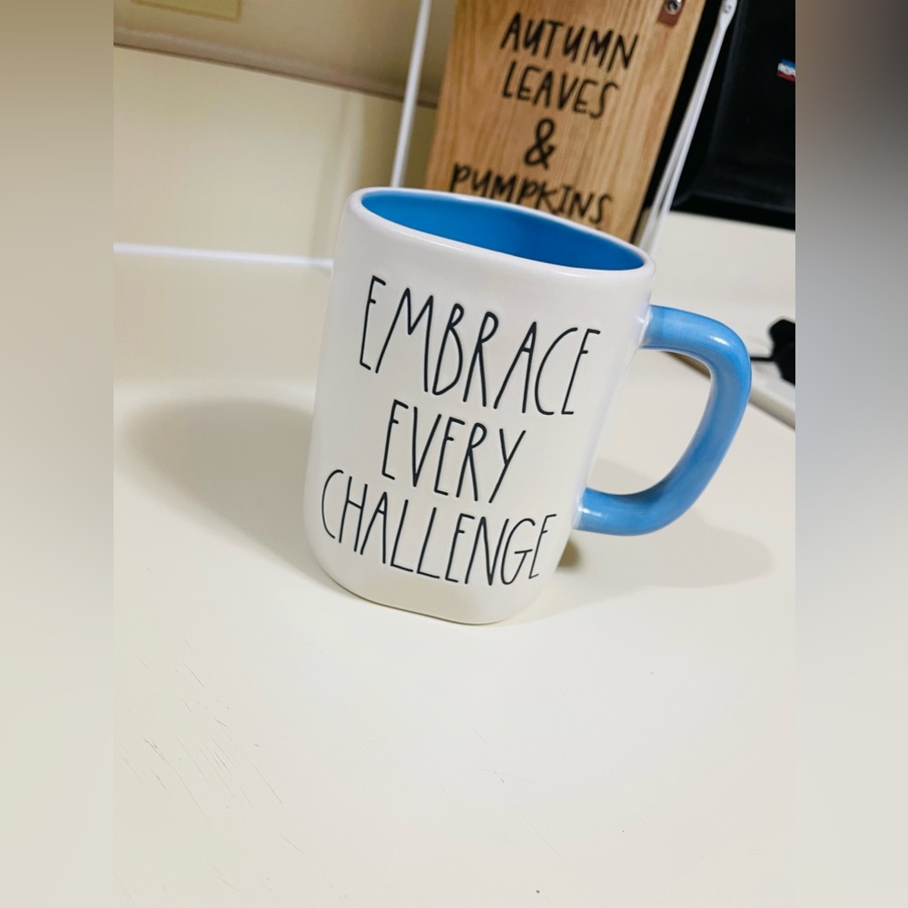Rae Dunn Embrace Every Challenge White & Blue Ceramic Mug